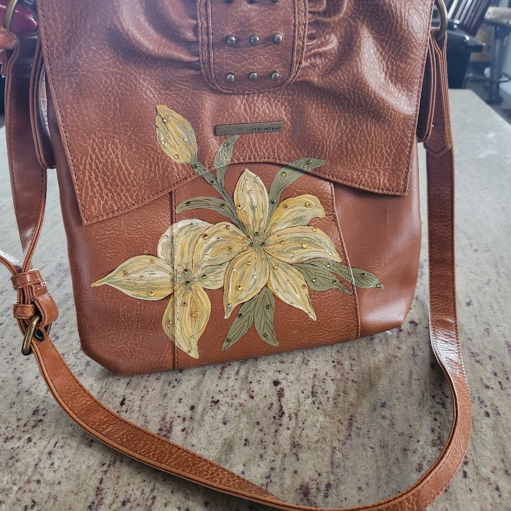 Floral Embellished Brown Faux Leather Bag